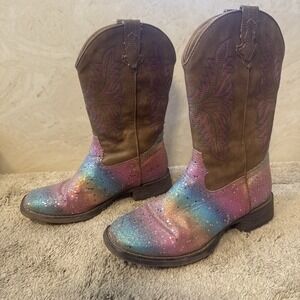Roper Girls Size 3 Glitter Rainbow Stars Brown Pink Western Cowboy Boots